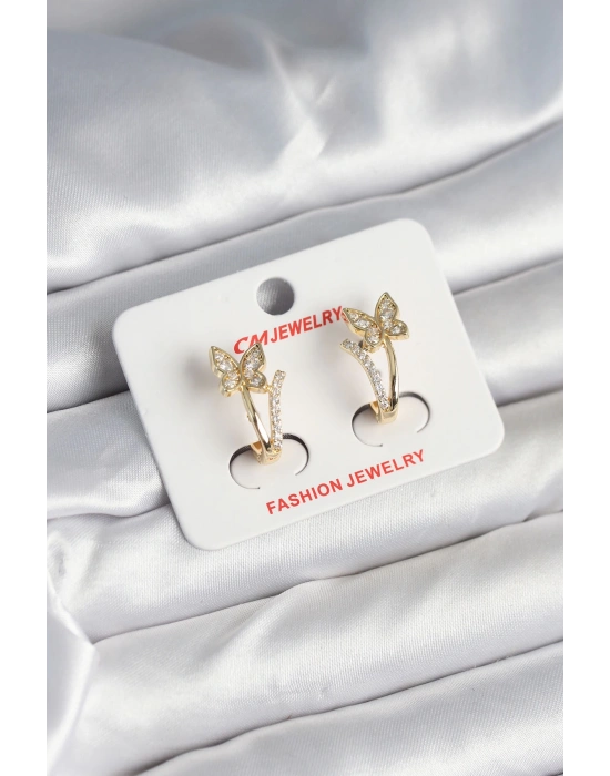 MuI MuI Pirinç Gold Renk Zirkon Taşlı Kelebek Model Kadın Küpe