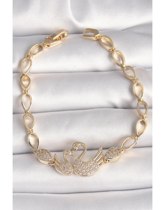 MuI MuI Pirinç Gold Renk Zirkon Taşlı Kuğu Figür Damla Zincir Model Kadın Bileklik