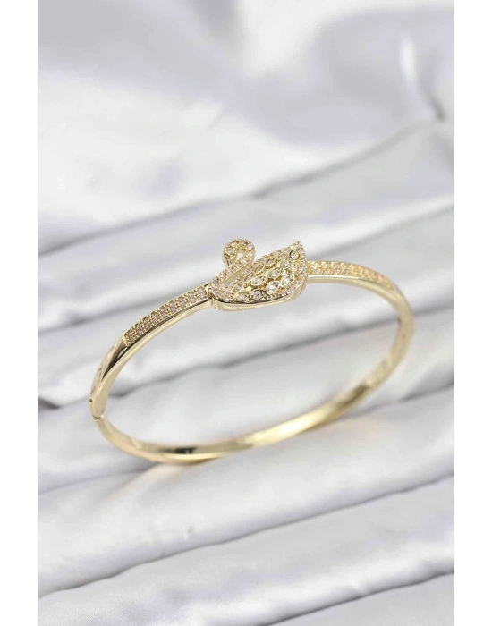 MuI MuI Pirinç Gold Renk Zirkon Taşlı Kuğu Model Kadın Kelepçe Bileklik