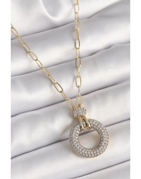 MuI MuI Pirinç Gold Renk Zirkon Taşlı Madalyon Model Kadın Kolye