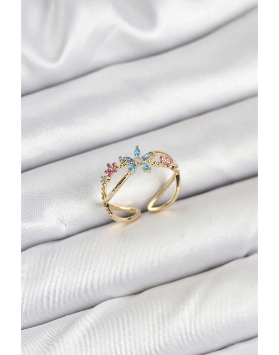 MuI MuI Pirinç Gold Renk Zirkon Taşlı Mavi Çiçekli Kadın Yüzük