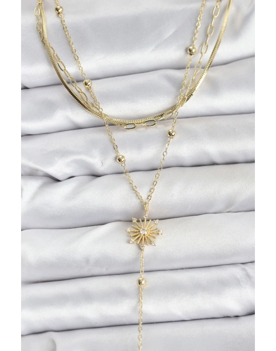 MuI MuI Pirinç Gold Renk Zirkon Taşlı Model Detaylı 3lü Kombin Y Kadın Kolye