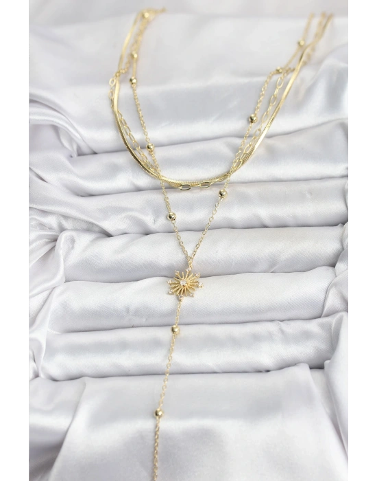 MuI MuI Pirinç Gold Renk Zirkon Taşlı Model Detaylı 3lü Kombin Y Kadın Kolye