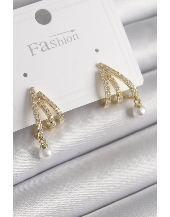 MuI MuI Pirinç Gold Renk Zirkon Taşlı Pençe Model İnci Detay Kadın Küpe