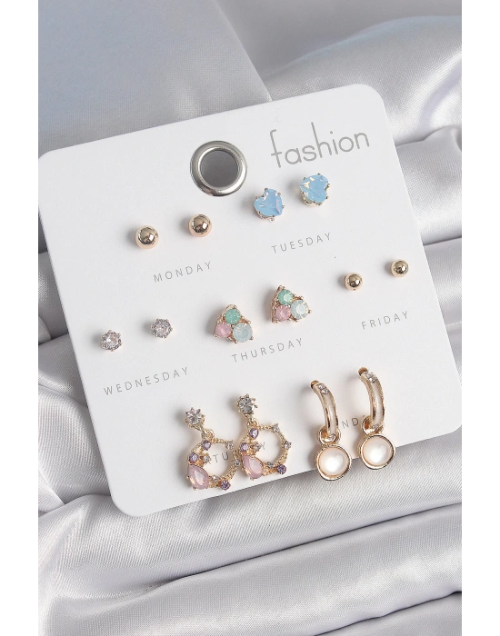 MuI MuI Pirinç Gold Renk Zirkon Taşlı Sallantı Halka Figür Kalp Detay 7 Çift Kadın Küpe