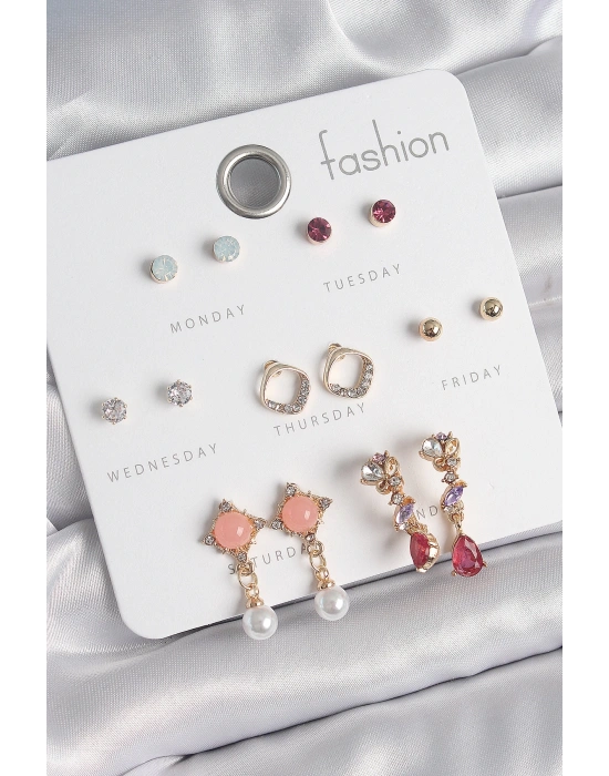 MuI MuI Pirinç Gold Renk Zirkon Taşlı Sallantı İnci Detay 7 Çift Kadın Küpe