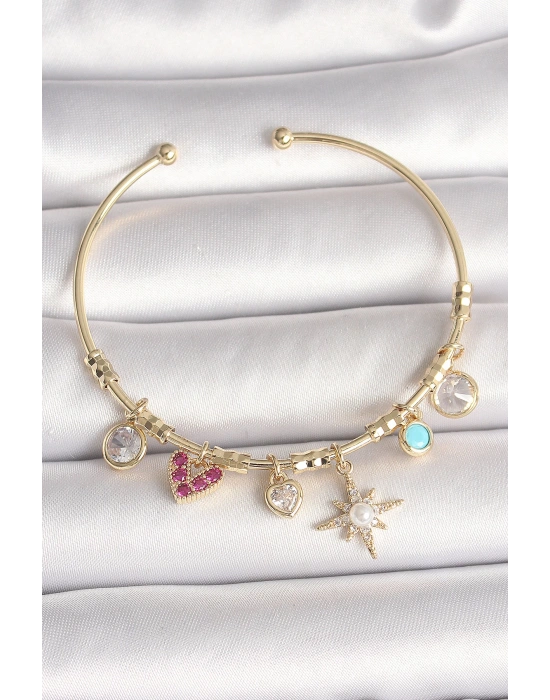 MuI MuI Pirinç Gold Renk Zirkon Taşlı Sallantı Kutup Yıldız Figür İnci Detay Charm Kadın Bileklik