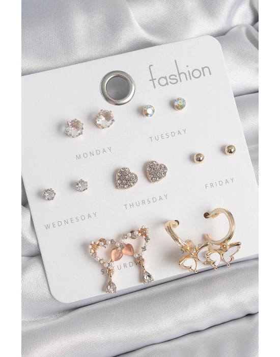 MuI MuI Pirinç Gold Renk Zirkon Taşlı Sallantılı Kalp Figür Kelebek Detay 7 Çift Kadın Küpe Seti