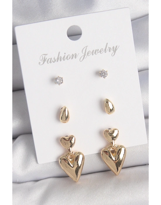 MuI MuI Pirinç Gold Renk Zirkon Taşlı Sallantılı Kalp Model 3 Çift Kadın Küpe Seti