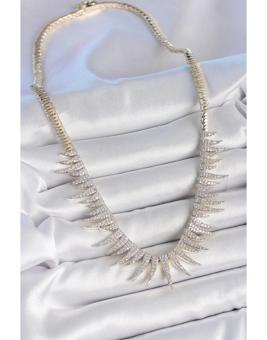 MuI MuI Pirinç Gold Renk Zirkon Taşlı Sivri Model VIP Seri Kadın Kolye