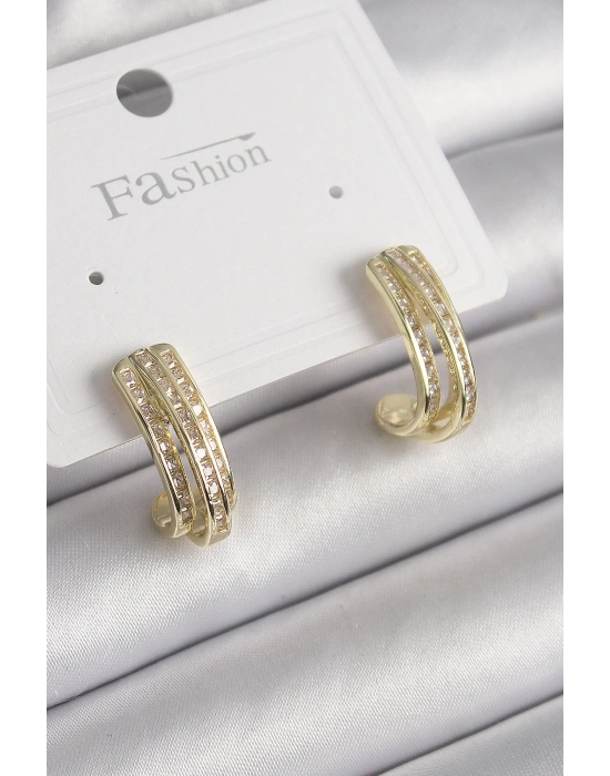 MuI MuI Pirinç Gold Renk Zirkon Taşlı Yarım Halka Model Kadın Küpe