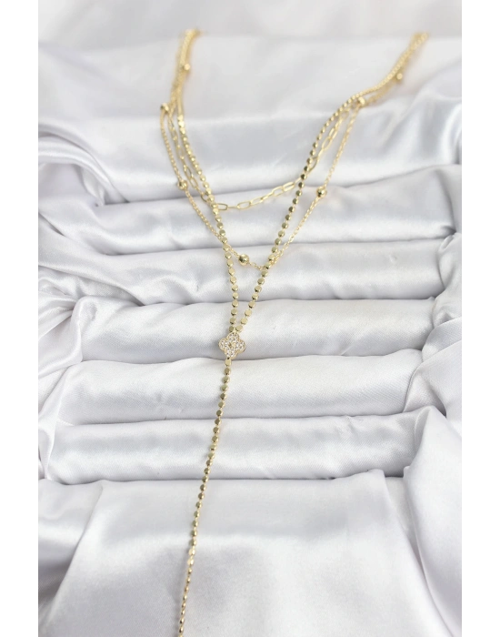 MuI MuI Pirinç Gold Renk Zirkon Taşlı Yonca Model Detaylı 3lü Kombin Y Kadın Kolye