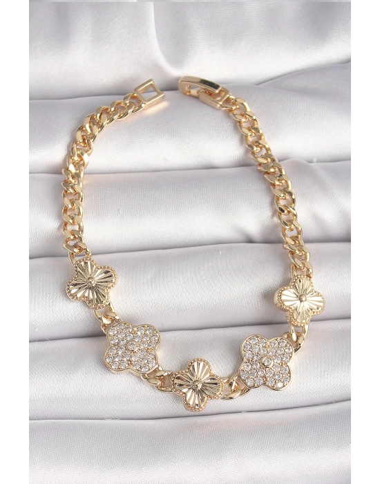 MuI MuI Pirinç Gold Renk Zirkon Taşlı Yonca Model Kadın Bileklik