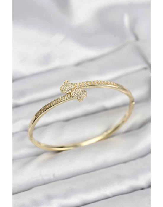 MuI MuI Pirinç Gold Renk Zirkon Taşlı Yonca Model Kadın Kelepçe Bileklik