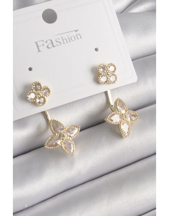 MuI MuI Pirinç Gold Renk Zirkon Taşlı Yonca Model Kadın Küpe