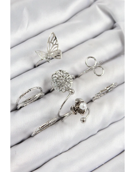 MuI MuI Pirinç Gül Kelebek Model Gümüş Renk Kadın Yüzük Kombin Set