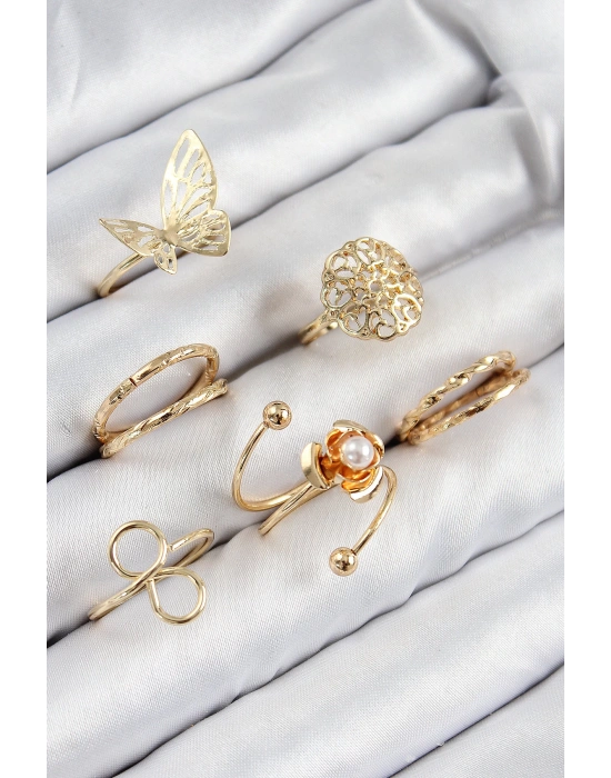 MuI MuI Pirinç Gül Kelebek Model Gümüş Renk Kadın Yüzük Kombin Set