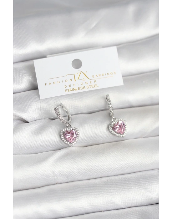MuI MuI Pirinç Gümüş Pembe Renk Zirkon Taşlı Kalp Model Kadın Küpe