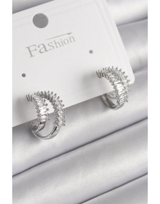 MuI MuI Pirinç Gümüş Renk 2Li Zirkon Taşlı Halka Model Kadın Küpe