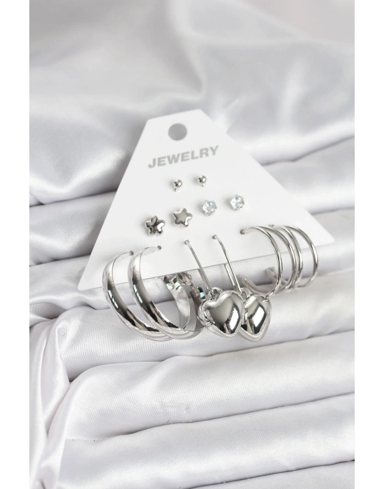 MuI MuI Pirinç Gümüş Renk 6 Çift Kadın Küpe Seti