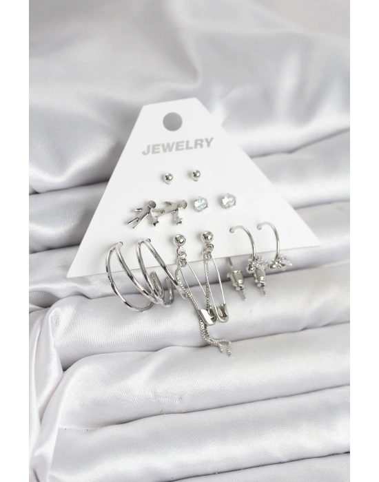 MuI MuI Pirinç Gümüş Renk 6lı Kadın Küpe Seti