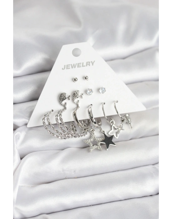 MuI MuI Pirinç Gümüş Renk 6lı Kadın Küpe Seti