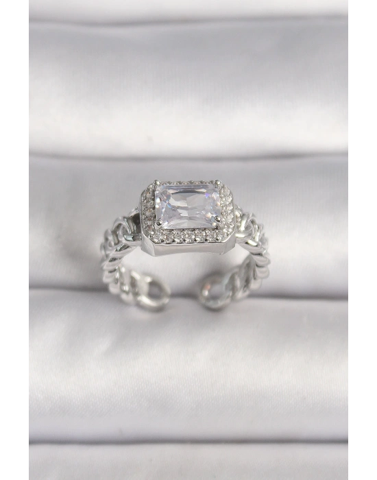 MuI MuI Pirinç Gümüş Renk Ayarlanabilir Zincir Kare Zirkon Taşlı Kadın Yüzük