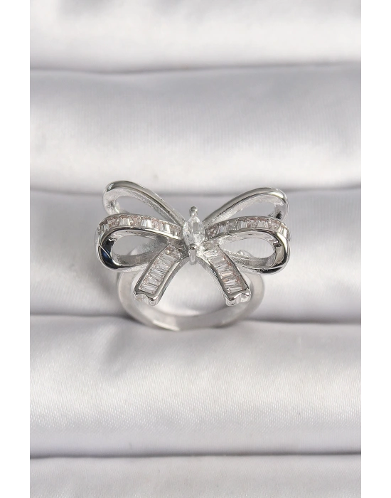 MuI MuI Pirinç Gümüş Renk Ayarlanabilir Zirkon Taşlı Kurdele Model Kadın Yüzük