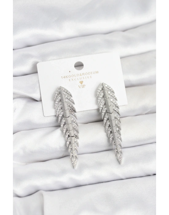 MuI MuI Pirinç Gümüş Renk Balık Sırtı Model Zirkon Taşlı Kadın Küpe