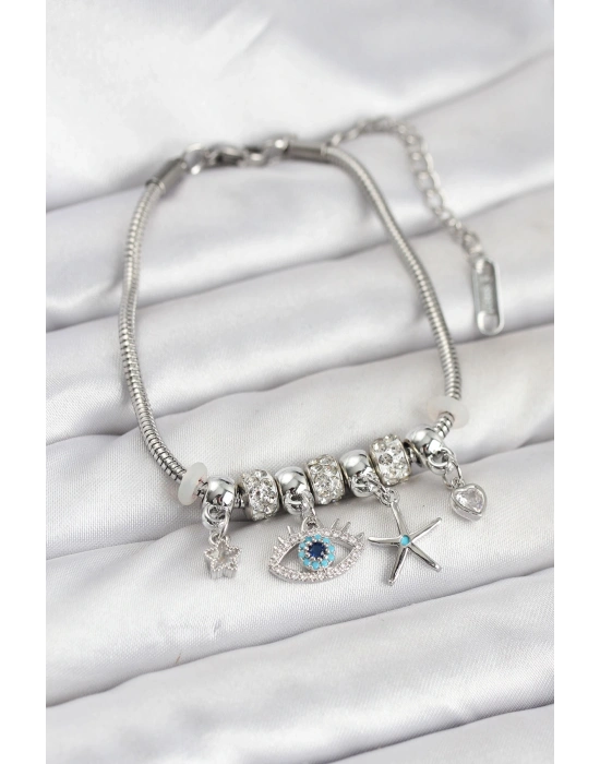 MuI MuI Pirinç Gümüş Renk Göz Model Charmlı Kadın Bileklik