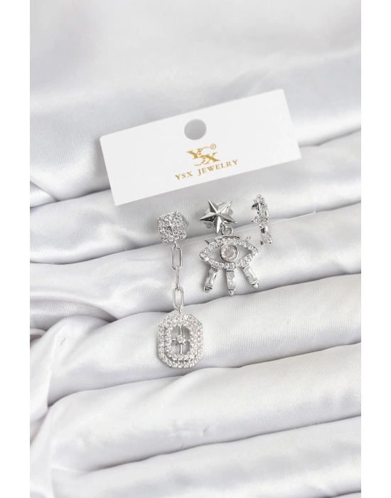 MuI MuI Pirinç Gümüş Renk Göz ve Kutup Yıldızı Model YSX Trio Küpe Seti