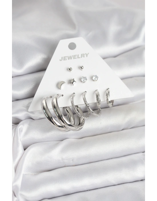 MuI MuI Pirinç Gümüş Renk Halka Modelli 6 Çift Kadın Küpe