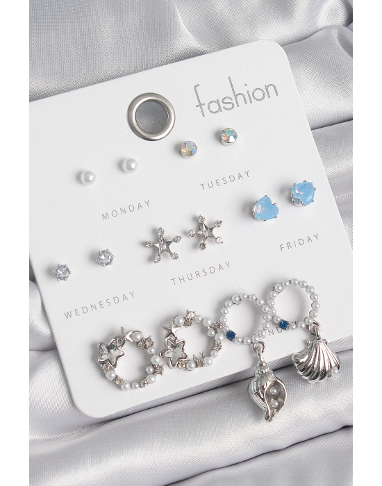 MuI MuI Pirinç Gümüş Renk İncli Zirkon Taşlı Halka Figür Yıldız Detay 7 Çift Kadın Küpe Seti