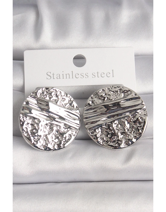 MuI MuI Pirinç Gümüş Renk İşlemeli Daire Plaka Model Kadın Küpe