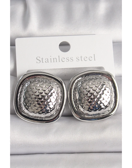 MuI MuI Pirinç Gümüş Renk İşlemeli Kare Model Kadın Küpe