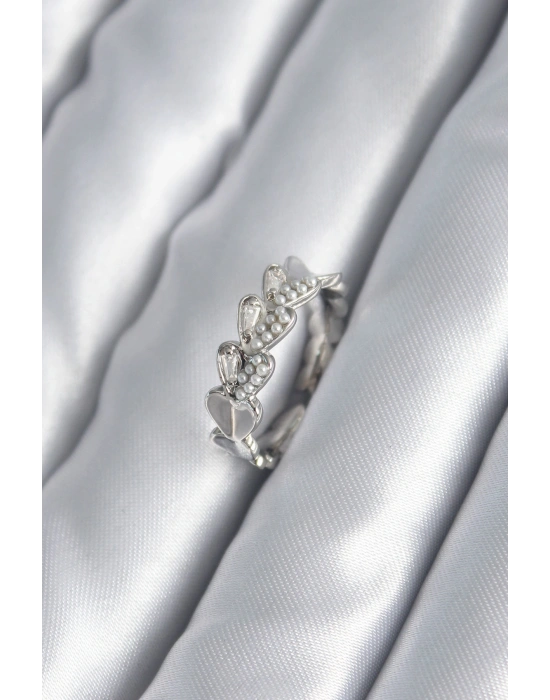 MuI MuI Pirinç Gümüş Renk Kalp Model İnci Detay Kadın Yüzük