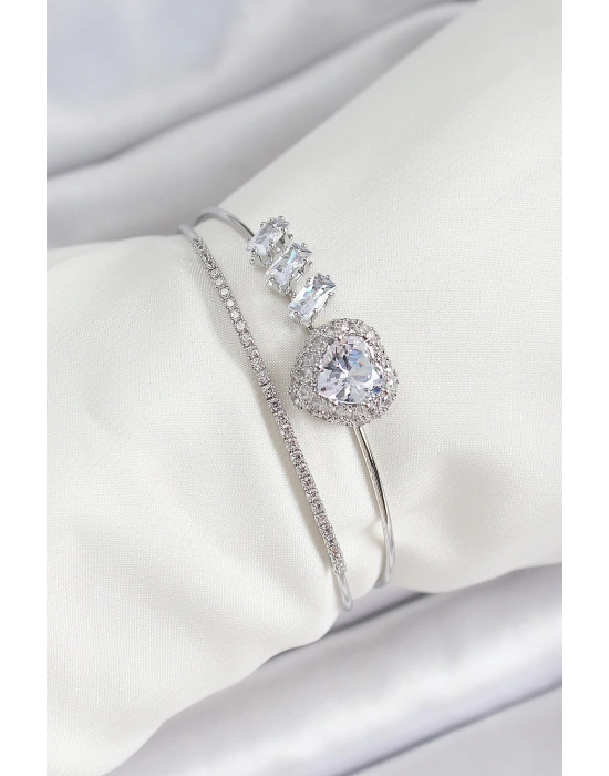 MuI MuI Pirinç Gümüş Renk Kalpli Zirkon Taşlı Kadın Bileklik