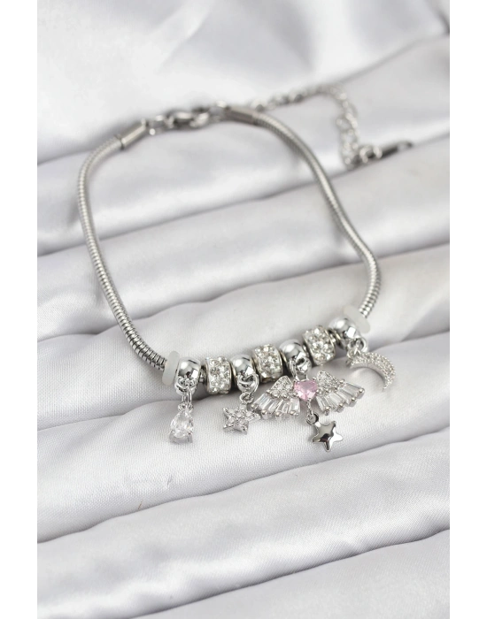 MuI MuI Pirinç Gümüş Renk Kanatlı Charmlı Kadın Bileklik