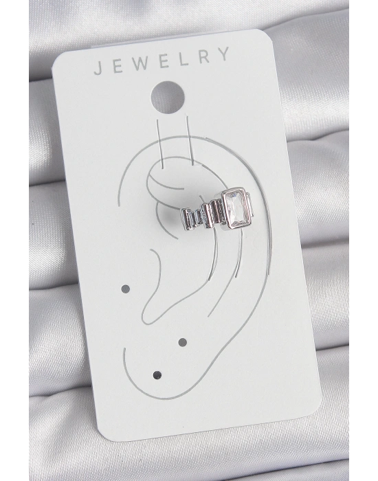 MuI MuI Pirinç Gümüş Renk Kare Zirkon Taşlı Kadın Kıkırdak Model Küpe