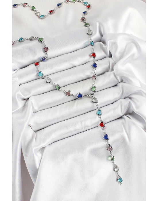 MuI MuI Pirinç Gümüş Renk Karışık Renk Zirkon Taşlı Kalpli Y Kadın Kolye