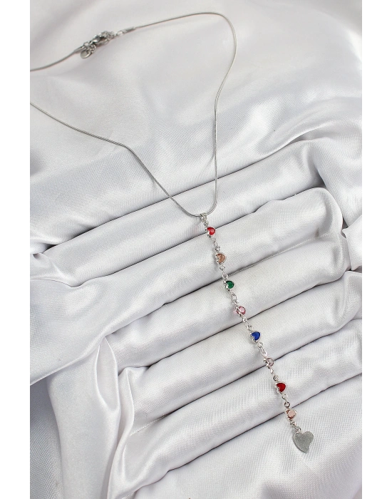 MuI MuI Pirinç Gümüş Renk Karışık Renk Zirkon Taşlı Kalpli Y Kadın Kolye