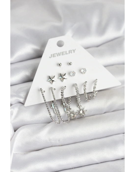 MuI MuI Pirinç Gümüş Renk Küpe Seti 6lı