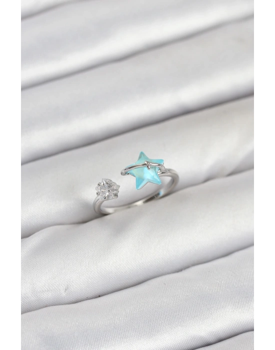 MuI MuI Pirinç Gümüş Renk Mavi Yıldızlı Model Kadın Yüzük