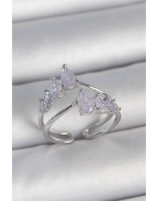 MuI MuI Pirinç Gümüş Renk Mor Damla Zirkon Taşlı Taç Model Kadın Yüzük