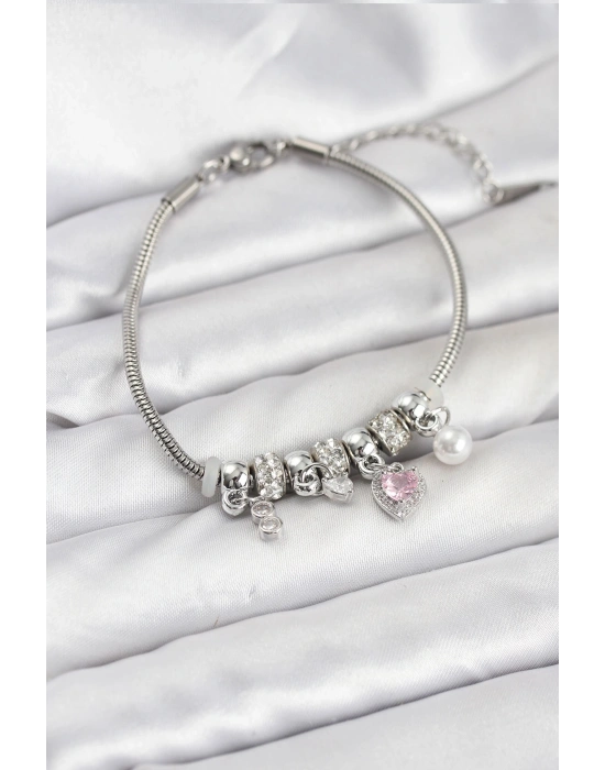 MuI MuI Pirinç Gümüş Renk Pembe Kalp Charmlı Kadın Bileklik