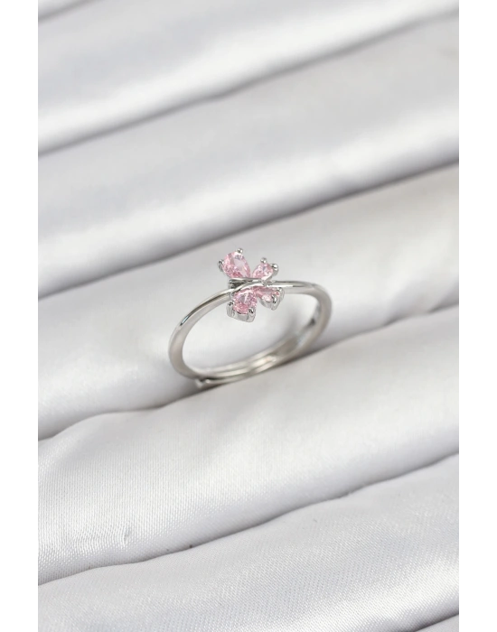 MuI MuI Pirinç Gümüş Renk Pembe Kelebek Kadın Yüzük
