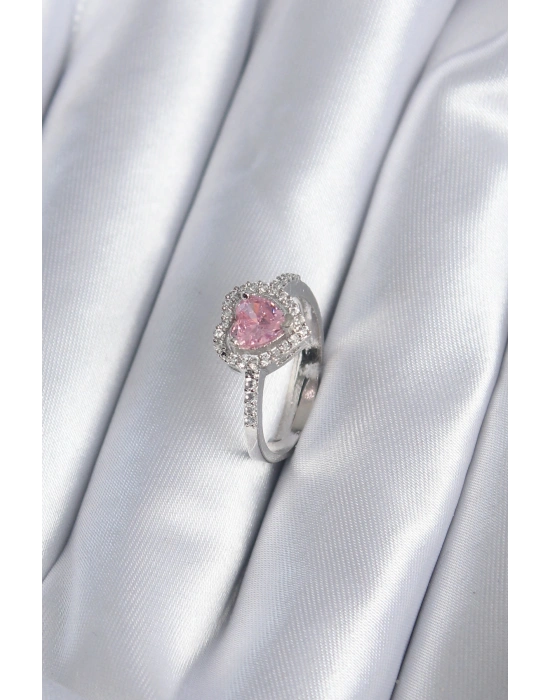 MuI MuI Pirinç Gümüş Renk Pembe Zirkon Taş Kalp Charm Model Kadın Yüzük
