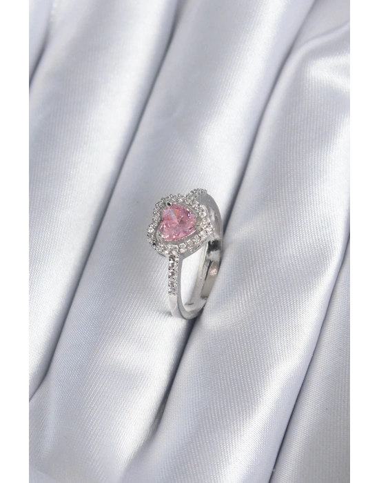 MuI MuI Pirinç Gümüş Renk Pembe Zirkon Taş Kalp Charm Model Kadın Yüzük