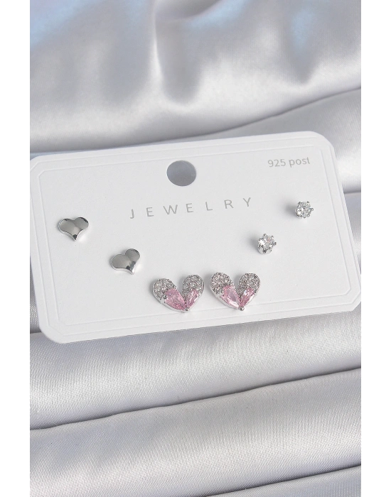 MuI MuI Pirinç Gümüş Renk Pembe Zirkon Taşlı Kalp Model 925 Ayar Gümüş Çivi Kadın Küpe Seti