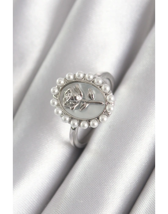 MuI MuI Pirinç Gümüş Renk Portre Gül Model İnci Detay Kadın Yüzük